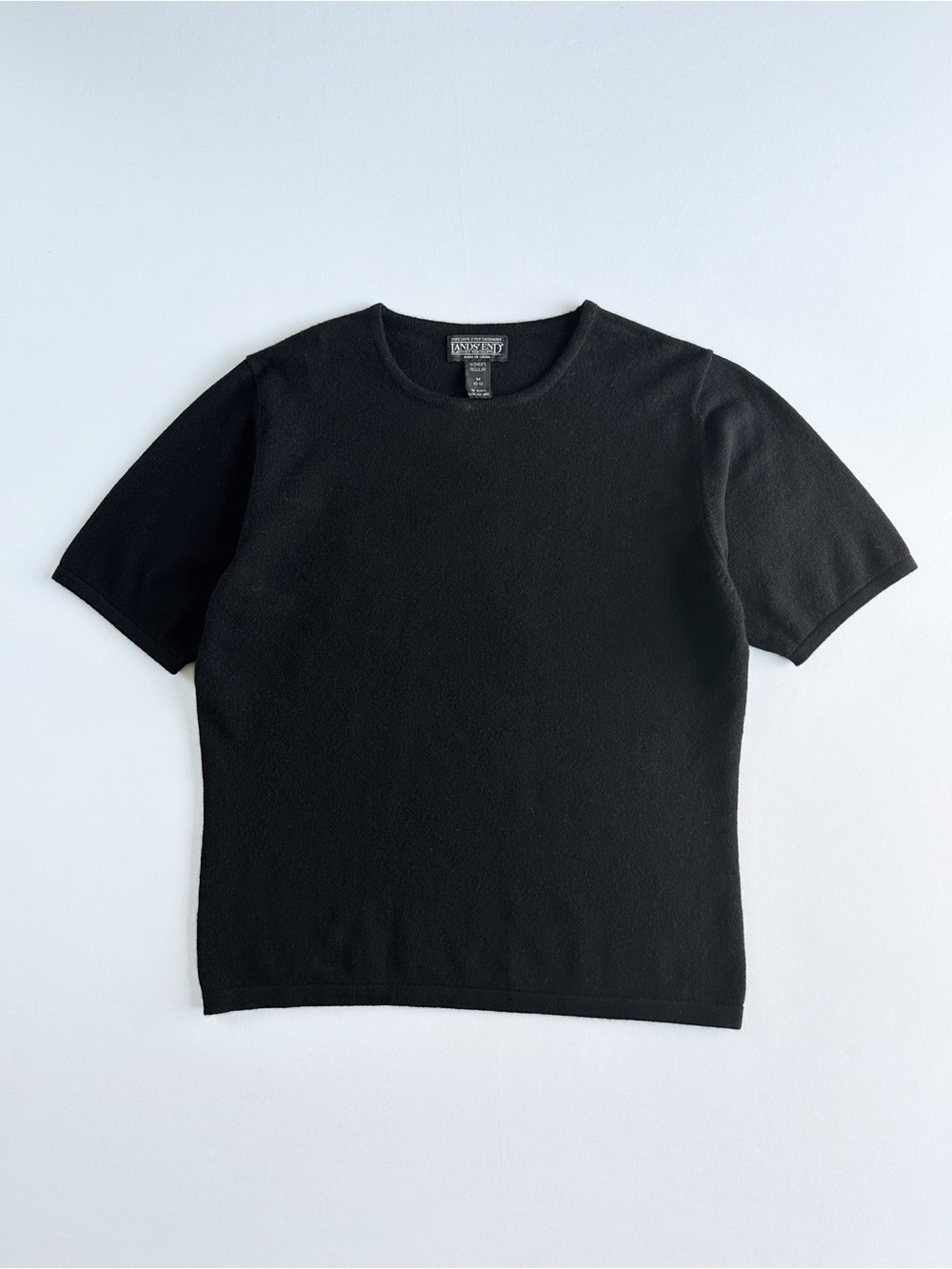 Lands' End Fine 100% 2 Ply Cashmere Sweater Crew Neck Knit Black Short Sleeve